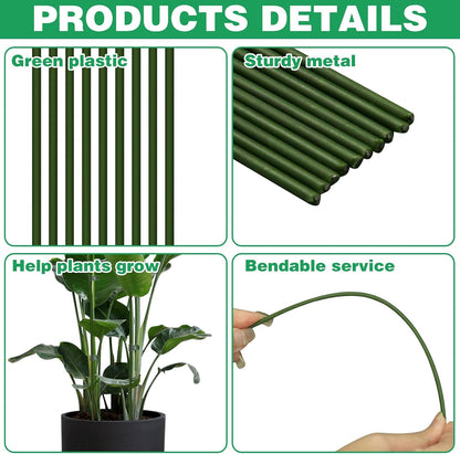 10pcs Green Plant Support Stakes with 15pcs Clips, Bendable Stakes for Tall Plants, Indoor & Outdoor Use