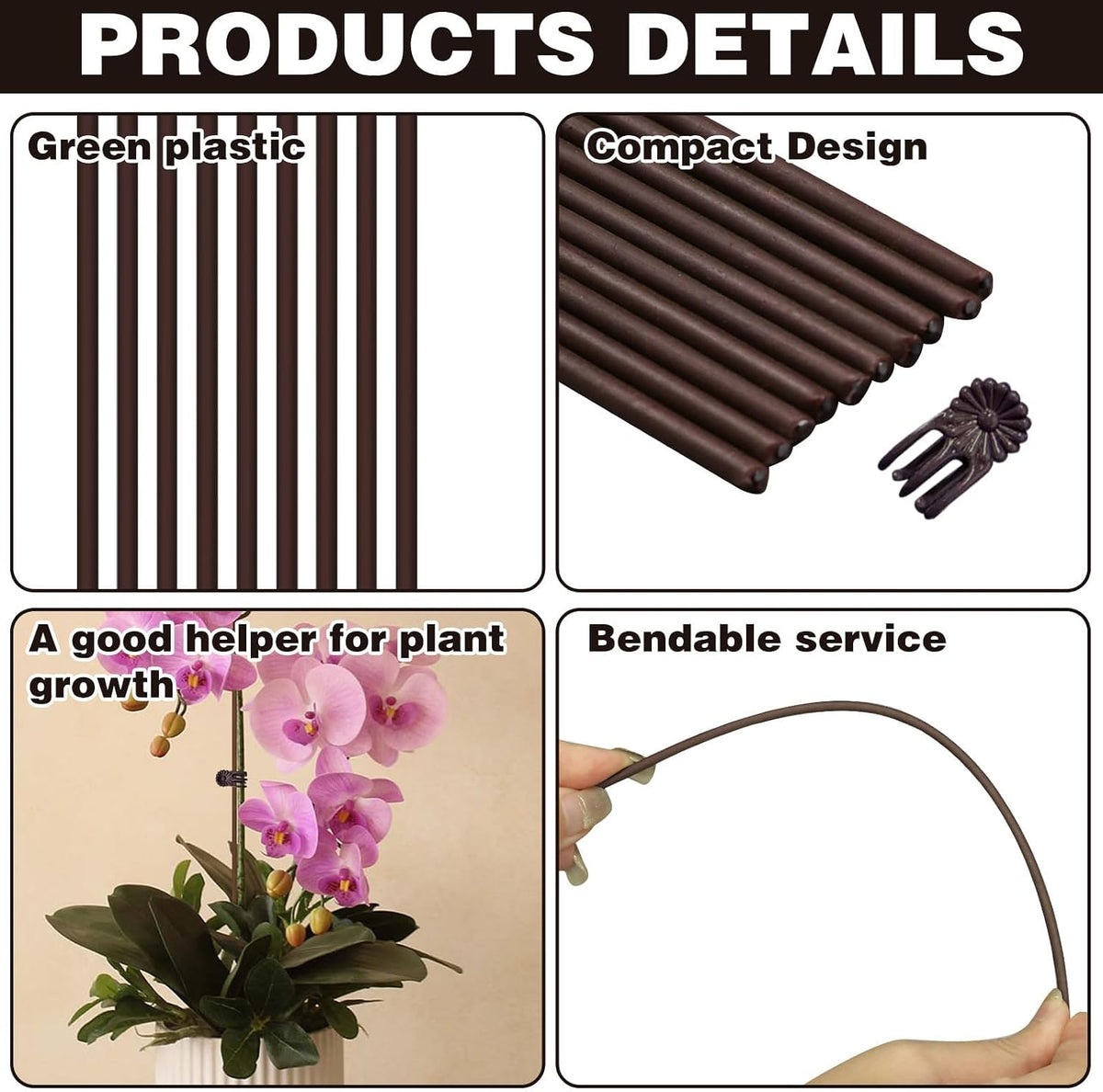 10pcs Green Plant Support Stakes with 15pcs Clips, Bendable Stakes for Tall Plants, Indoor & Outdoor Use