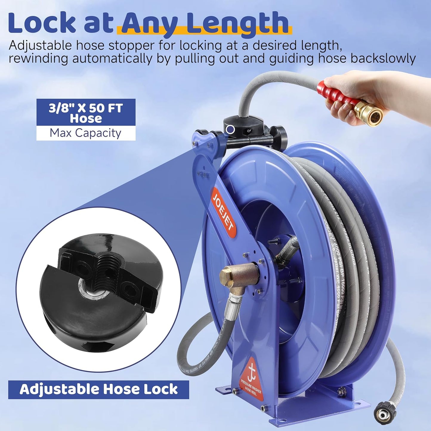 Retractable Pressure Washer Hose Reel with Hose, 50 FT x 3/8"