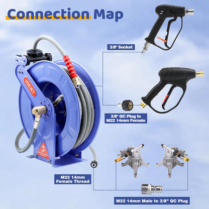 Retractable Pressure Washer Hose Reel with Hose, 50 FT x 3/8"