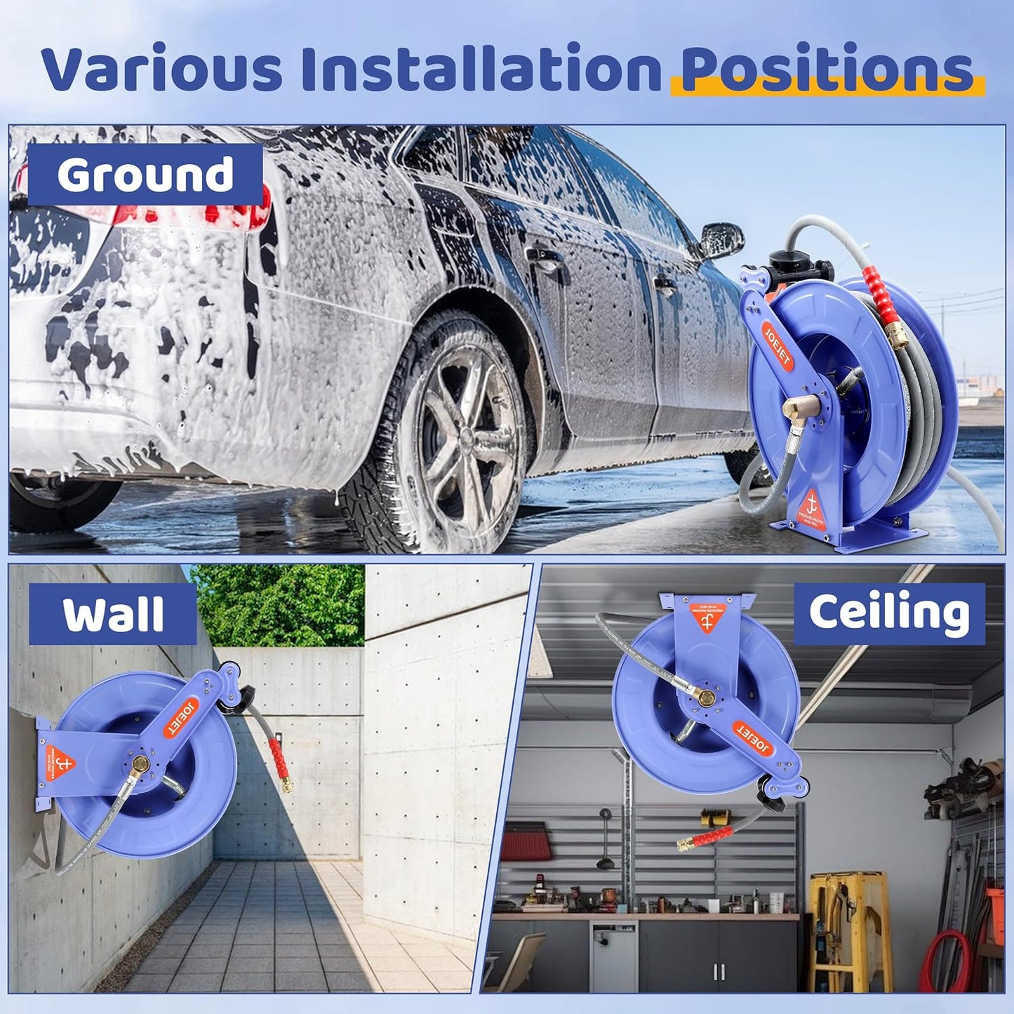 Retractable Pressure Washer Hose Reel with Hose, 50 FT x 3/8"