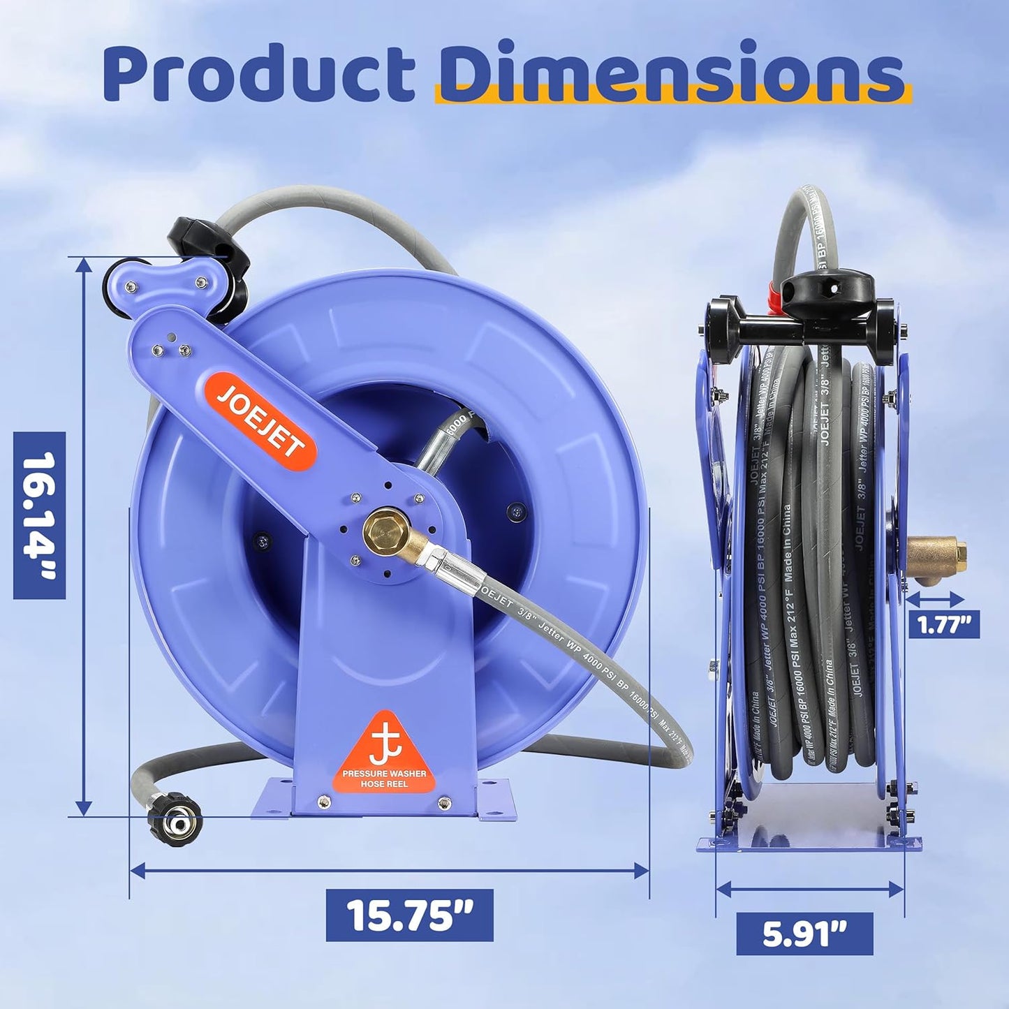 Retractable Pressure Washer Hose Reel with Hose, 50 FT x 3/8"