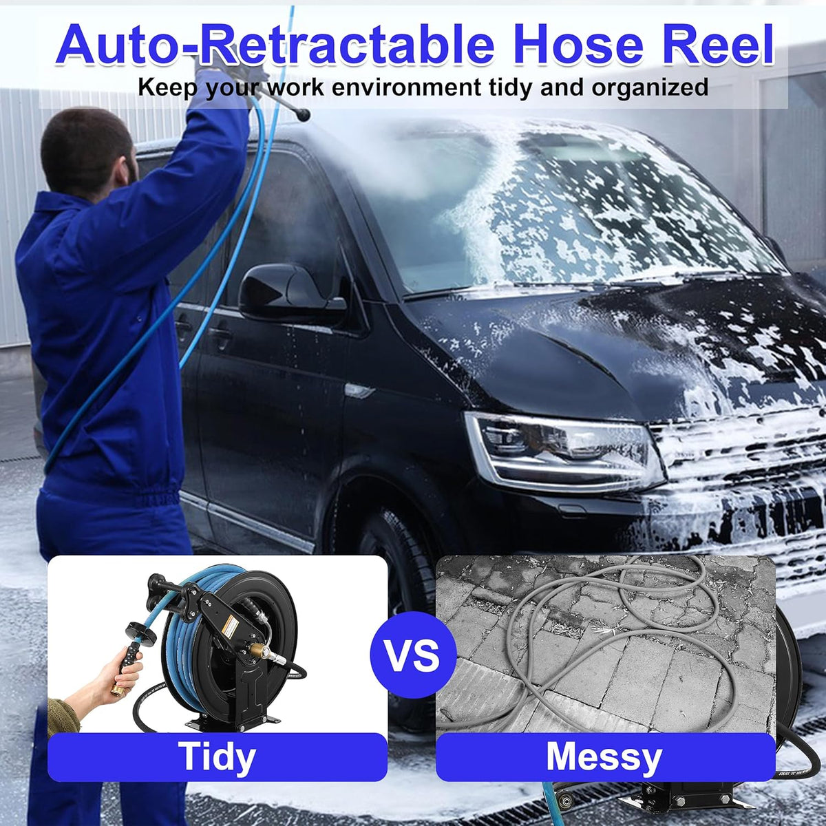 Retractable Pressure Washer Hose Reel with Hose, 50 FT x 3/8"