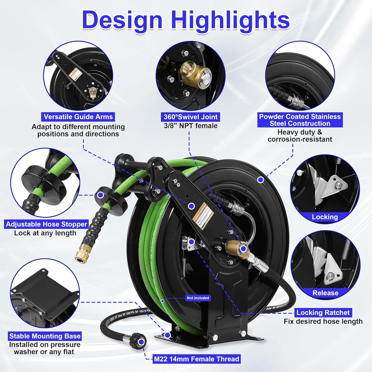 Retractable Pressure Washer Hose Reel with Hose, 50 FT x 3/8"