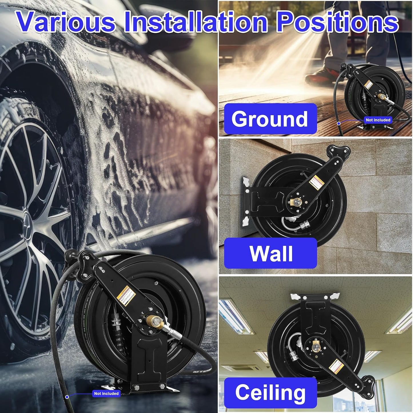 Retractable Pressure Washer Hose Reel with Hose, 50 FT x 3/8"
