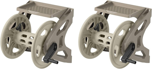 Handler Plastic Wall-Mounted Outdoor Weatherproof Garden Hose Storage Reel with Storage Tray, Holds 200 Feet of Hose (2 Pack)