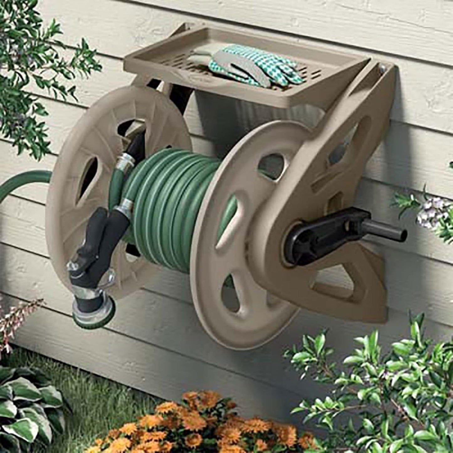 Handler Plastic Wall-Mounted Outdoor Weatherproof Garden Hose Storage Reel with Storage Tray, Holds 200 Feet of Hose (2 Pack)