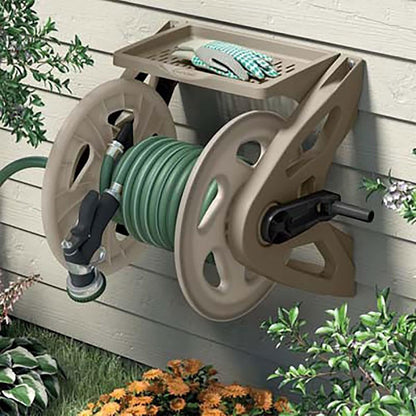 Handler Plastic Wall-Mounted Outdoor Weatherproof Garden Hose Storage Reel with Storage Tray, Holds 200 Feet of Hose (2 Pack)