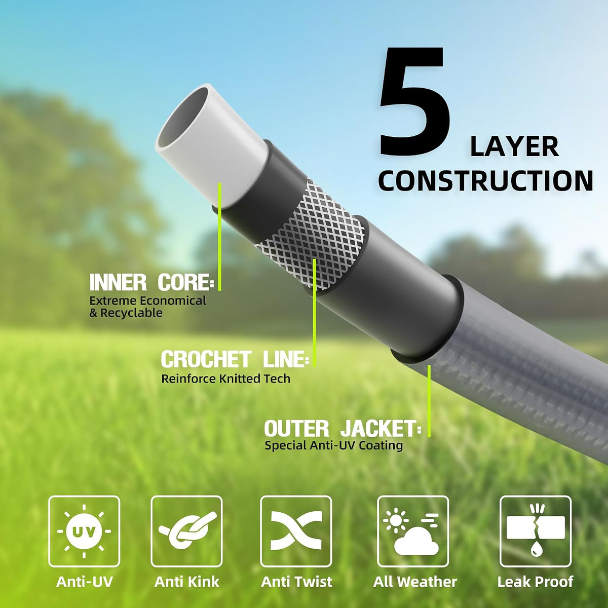 Leader Short Garden Hose 3/4 in. x 10 ft. -Heavy Duty,Durable,Lightweight,Male to Female Fittings -No Kink Leakproof PVC Flexible Water Pipe -Brass Aluminum Ends for Household & Commercial-Gray