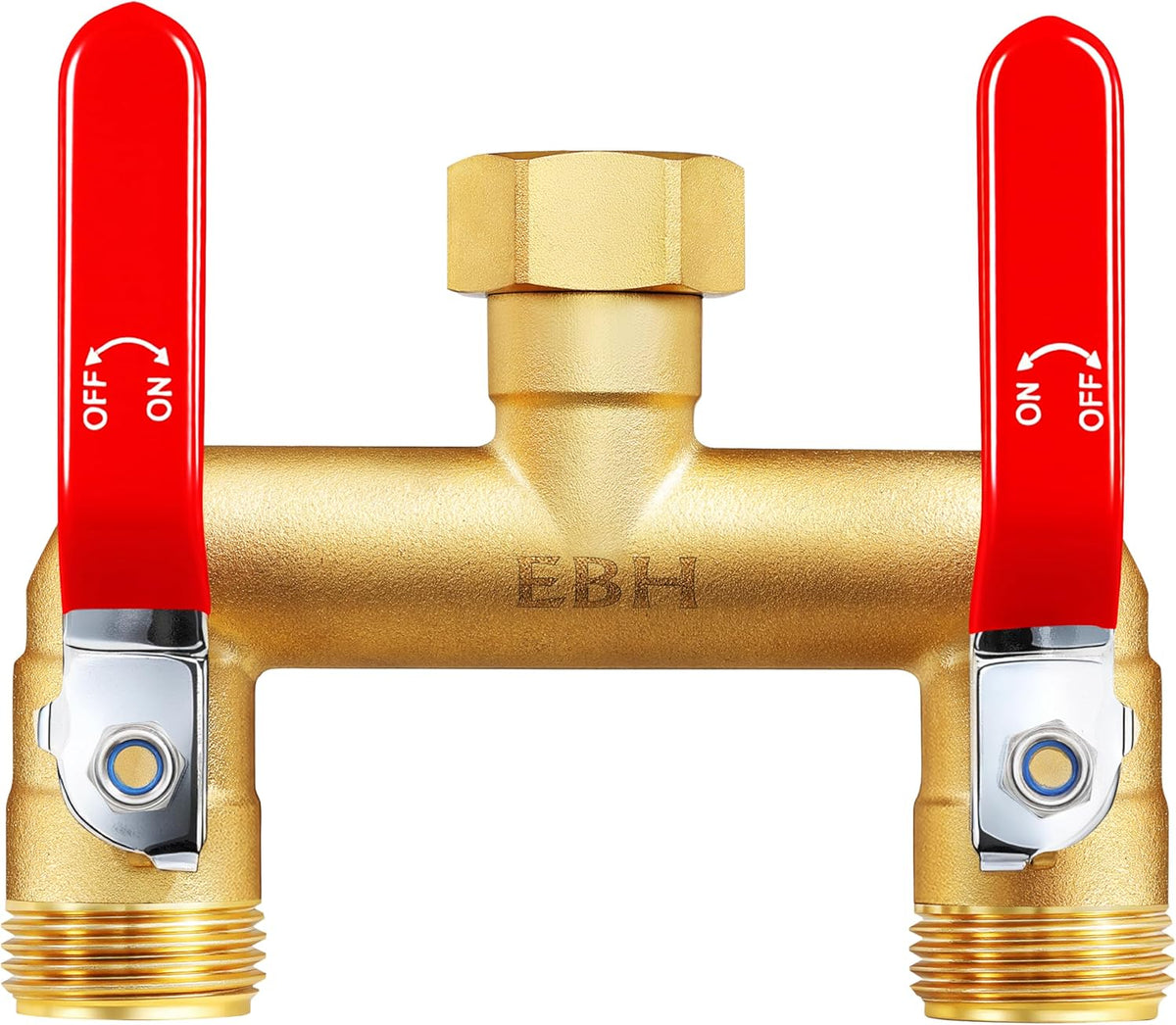Garden Hose Splitter, 2-Way Full Flow Brass Heavy Duty Outdoor Hose Manifold with Extra Long Handles Shutoff Valves Spigot Adapter- 3/4” GHT Thread