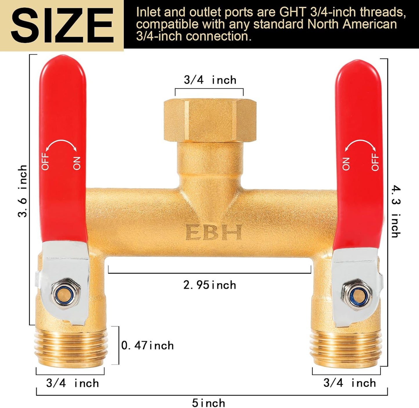 Garden Hose Splitter, 2-Way Full Flow Brass Heavy Duty Outdoor Hose Manifold with Extra Long Handles Shutoff Valves Spigot Adapter- 3/4” GHT Thread