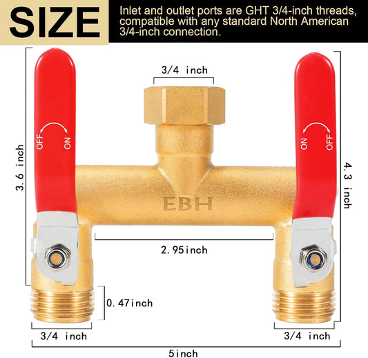 Garden Hose Splitter, 2-Way Full Flow Brass Heavy Duty Outdoor Hose Manifold with Extra Long Handles Shutoff Valves Spigot Adapter- 3/4” GHT Thread