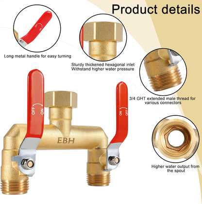 Garden Hose Splitter, 2-Way Full Flow Brass Heavy Duty Outdoor Hose Manifold with Extra Long Handles Shutoff Valves Spigot Adapter- 3/4” GHT Thread