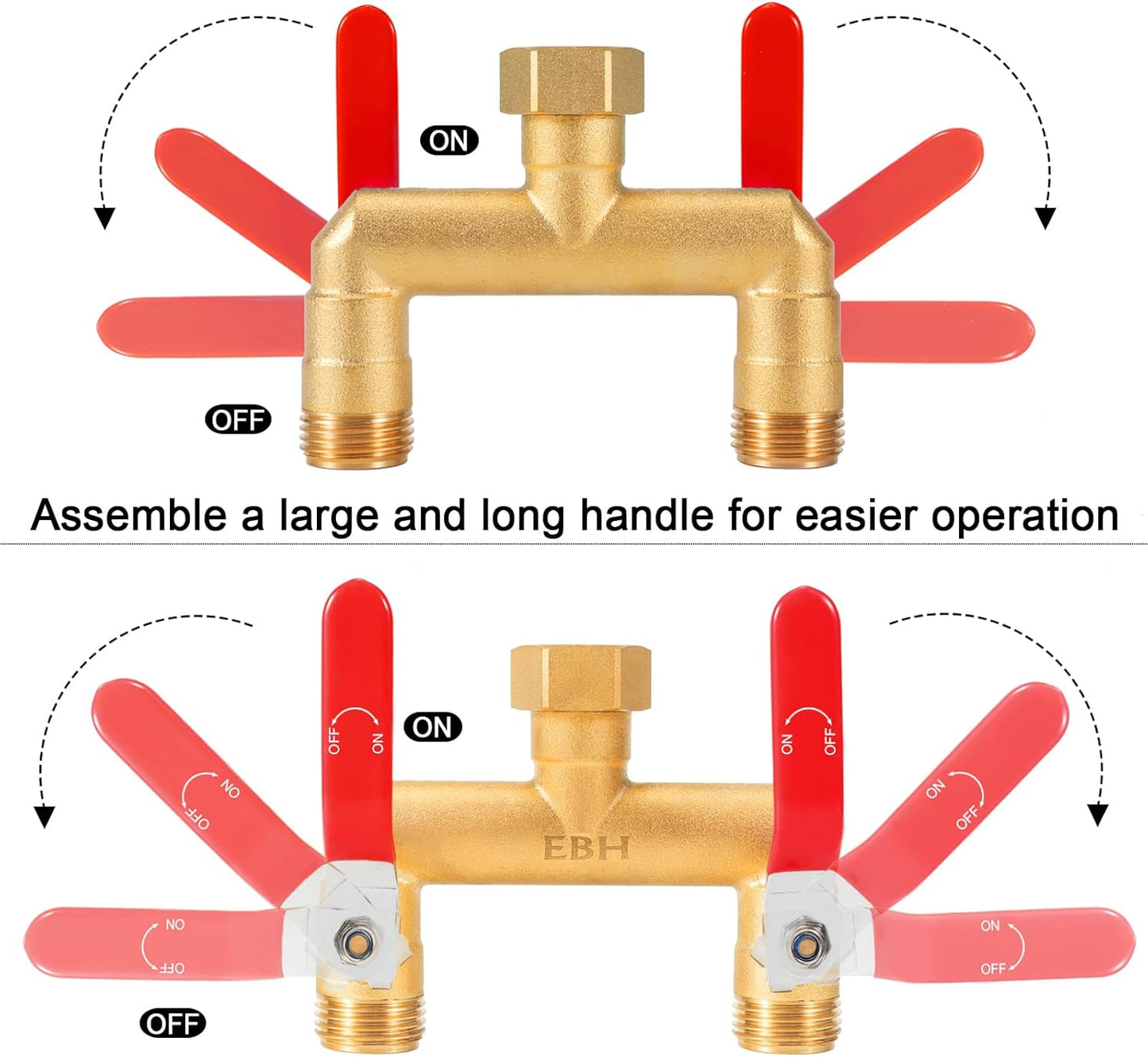 Garden Hose Splitter, 2-Way Full Flow Brass Heavy Duty Outdoor Hose Manifold with Extra Long Handles Shutoff Valves Spigot Adapter- 3/4” GHT Thread