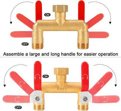 Garden Hose Splitter, 2-Way Full Flow Brass Heavy Duty Outdoor Hose Manifold with Extra Long Handles Shutoff Valves Spigot Adapter- 3/4” GHT Thread
