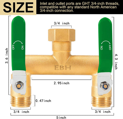 Garden Hose Splitter, 2-Way Full Flow Brass Heavy Duty Outdoor Hose Manifold with Extra Long Handles Shutoff Valves Spigot Adapter- 3/4” GHT Thread
