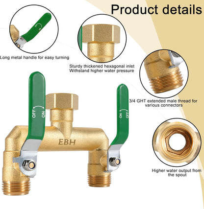Garden Hose Splitter, 2-Way Full Flow Brass Heavy Duty Outdoor Hose Manifold with Extra Long Handles Shutoff Valves Spigot Adapter- 3/4” GHT Thread