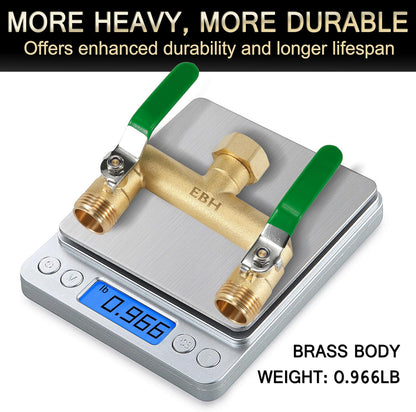 Garden Hose Splitter, 2-Way Full Flow Brass Heavy Duty Outdoor Hose Manifold with Extra Long Handles Shutoff Valves Spigot Adapter- 3/4” GHT Thread