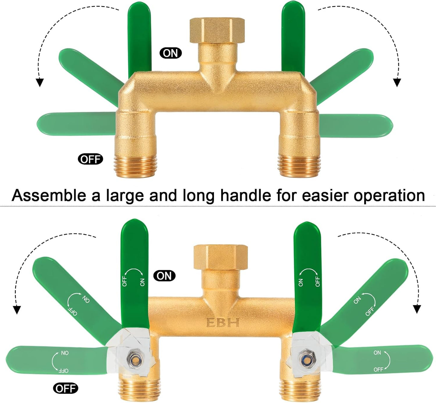 Garden Hose Splitter, 2-Way Full Flow Brass Heavy Duty Outdoor Hose Manifold with Extra Long Handles Shutoff Valves Spigot Adapter- 3/4” GHT Thread