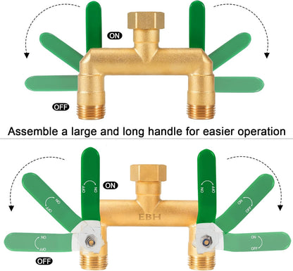 Garden Hose Splitter, 2-Way Full Flow Brass Heavy Duty Outdoor Hose Manifold with Extra Long Handles Shutoff Valves Spigot Adapter- 3/4” GHT Thread