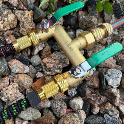 Garden Hose Splitter, 2-Way Full Flow Brass Heavy Duty Outdoor Hose Manifold with Extra Long Handles Shutoff Valves Spigot Adapter- 3/4” GHT Thread
