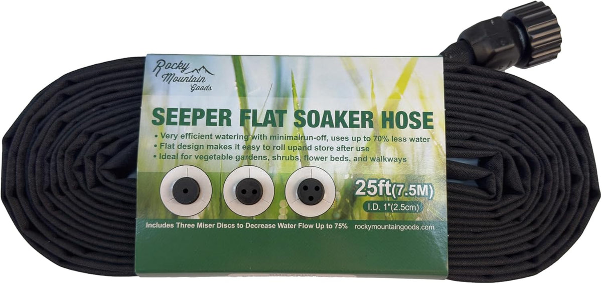 Flat Weeper Soaker Hose (25-Foot) - Drip Irrigation - Saves 70% Water - Drips Water Entire Length of Hose - Includes 3 Pressure Reducing Discs - NOT a Regular Garden Hose