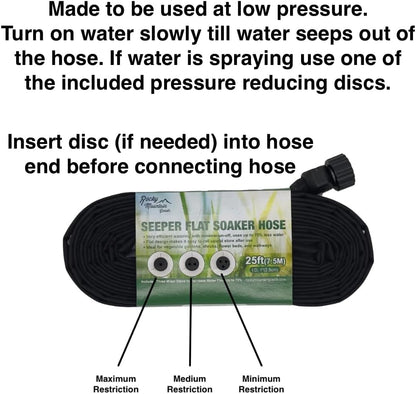 Flat Weeper Soaker Hose (25-Foot) - Drip Irrigation - Saves 70% Water - Drips Water Entire Length of Hose - Includes 3 Pressure Reducing Discs - NOT a Regular Garden Hose