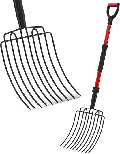 Pitch Fork for Garden, Wide Pitchfork with 10 Metal Tines, Heavy Duty Garden Fork with Fiberglass Handle 44-Inches, Chicken Coop Pitchforks for Manure, Mulching, Composting, Red