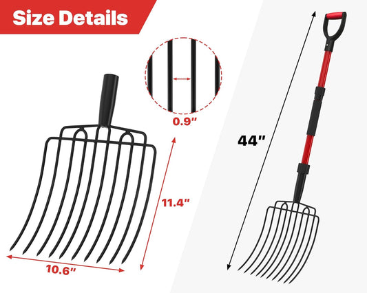 Pitch Fork for Garden, Wide Pitchfork with 10 Metal Tines, Heavy Duty Garden Fork with Fiberglass Handle 44-Inches, Chicken Coop Pitchforks for Manure, Mulching, Composting, Red