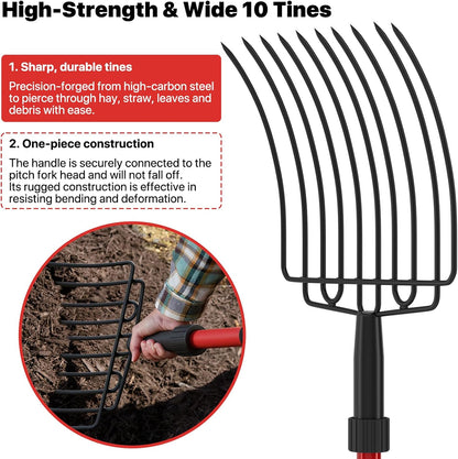 Pitch Fork for Garden, Wide Pitchfork with 10 Metal Tines, Heavy Duty Garden Fork with Fiberglass Handle 44-Inches, Chicken Coop Pitchforks for Manure, Mulching, Composting, Red
