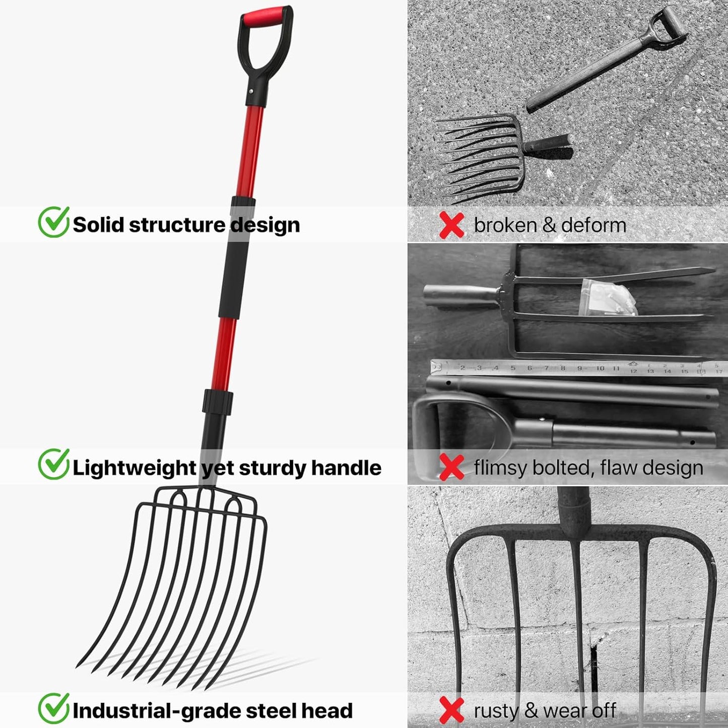 Pitch Fork for Garden, Wide Pitchfork with 10 Metal Tines, Heavy Duty Garden Fork with Fiberglass Handle 44-Inches, Chicken Coop Pitchforks for Manure, Mulching, Composting, Red
