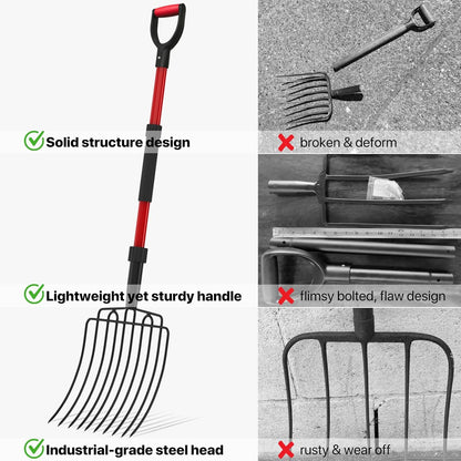 Pitch Fork for Garden, Wide Pitchfork with 10 Metal Tines, Heavy Duty Garden Fork with Fiberglass Handle 44-Inches, Chicken Coop Pitchforks for Manure, Mulching, Composting, Red