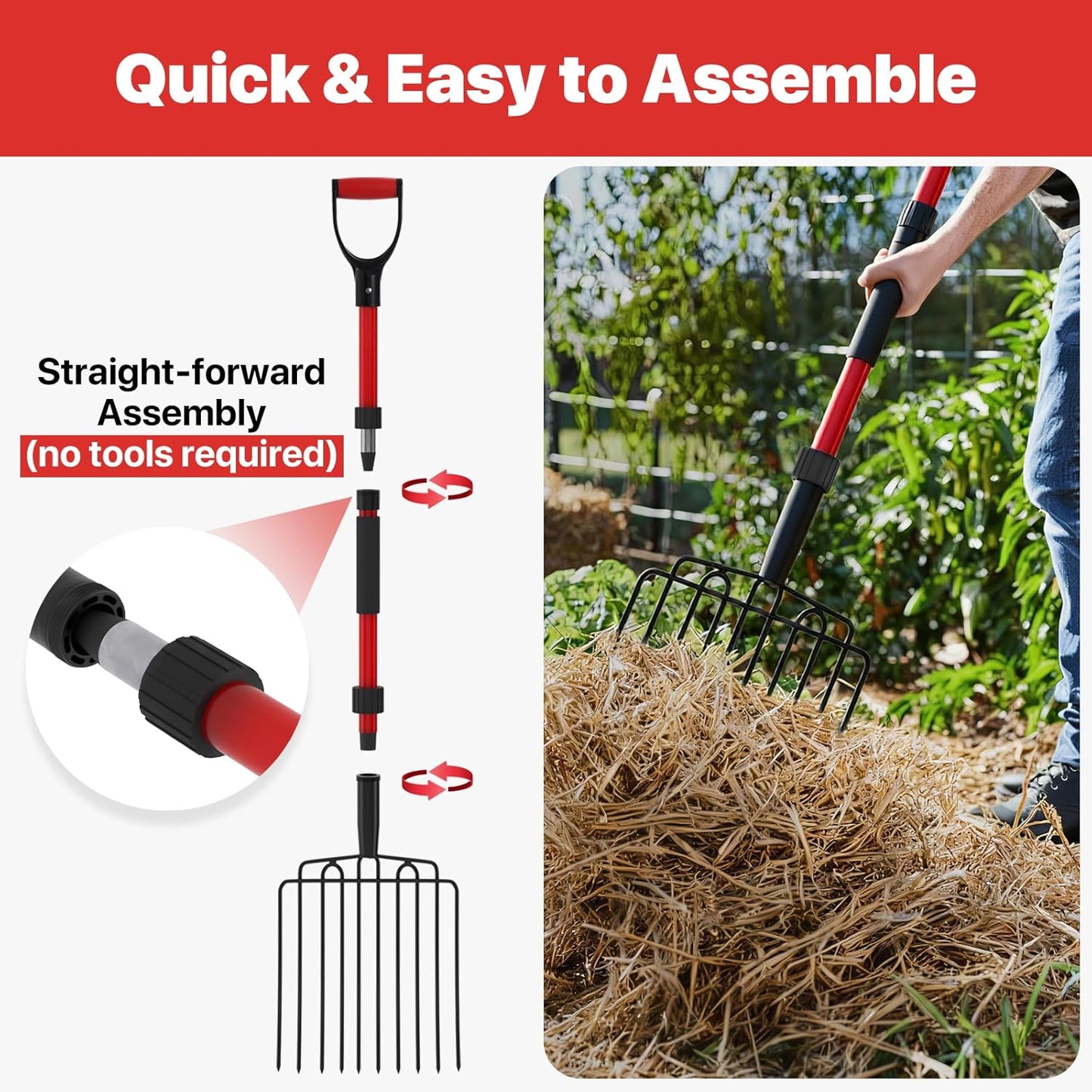 Pitch Fork for Garden, Wide Pitchfork with 10 Metal Tines, Heavy Duty Garden Fork with Fiberglass Handle 44-Inches, Chicken Coop Pitchforks for Manure, Mulching, Composting, Red