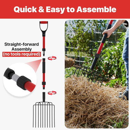 Pitch Fork for Garden, Wide Pitchfork with 10 Metal Tines, Heavy Duty Garden Fork with Fiberglass Handle 44-Inches, Chicken Coop Pitchforks for Manure, Mulching, Composting, Red