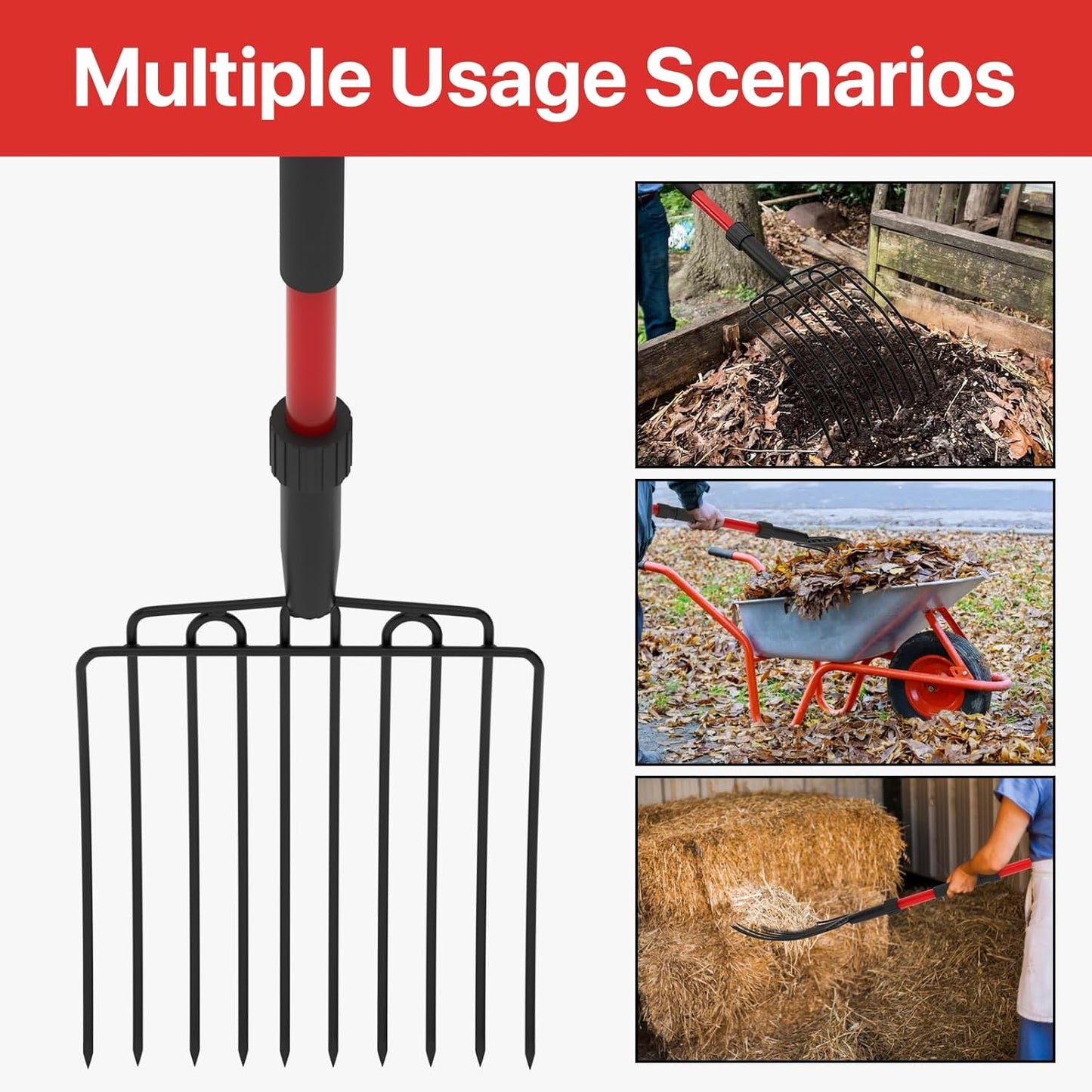 Pitch Fork for Garden, Wide Pitchfork with 10 Metal Tines, Heavy Duty Garden Fork with Fiberglass Handle 44-Inches, Chicken Coop Pitchforks for Manure, Mulching, Composting, Red