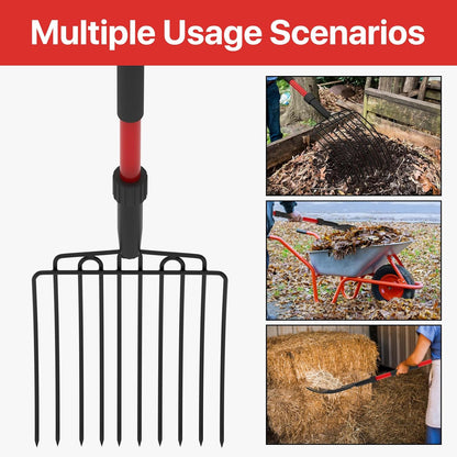 Pitch Fork for Garden, Wide Pitchfork with 10 Metal Tines, Heavy Duty Garden Fork with Fiberglass Handle 44-Inches, Chicken Coop Pitchforks for Manure, Mulching, Composting, Red