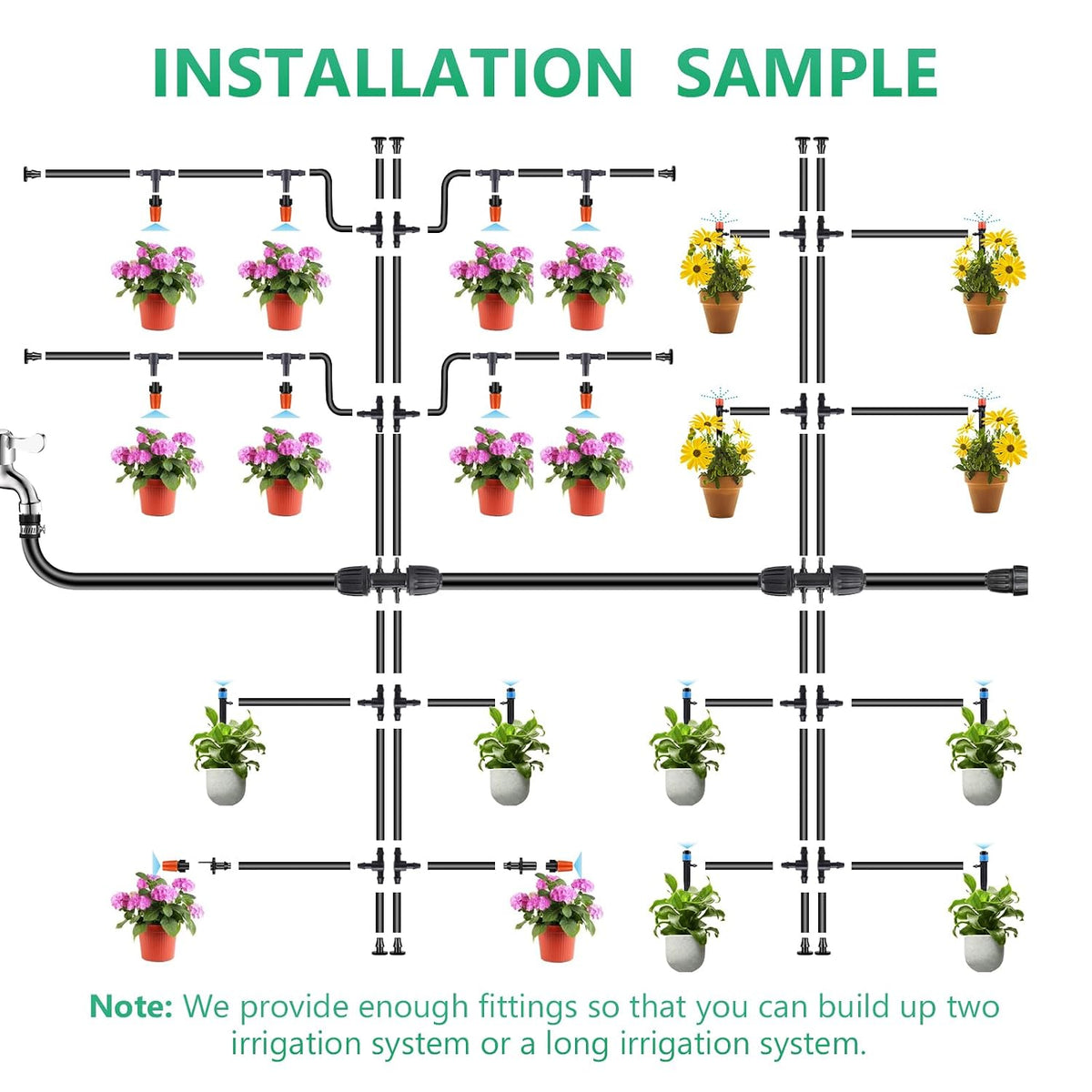 256FT Drip Irrigation System Kit, 163PCS Automatic Garden Watering Misting System with 1/4" Distribution & 1/2" Hose Tubing and Accessories for Greenhouse, Yard, Lawn, Plant