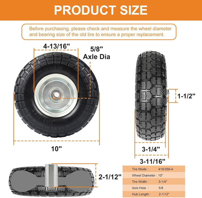 4.10/3.50-4 Tire and Dolly Wheel Flat Free - Solid Rubber Hand Truck Wheels 5/8" Axle - Gorilla Cart Tires Replacement for Garden, Wagon, Yard and Wheelbarrow (10 Inch 4 Pack)