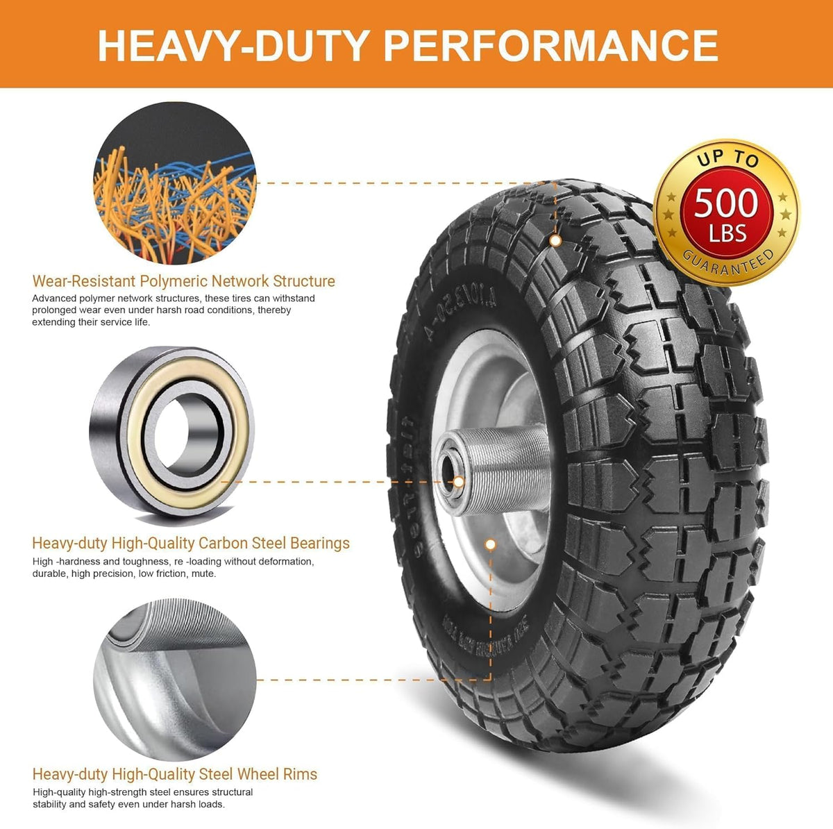 4.10/3.50-4 Tire and Dolly Wheel Flat Free - Solid Rubber Hand Truck Wheels 5/8" Axle - Gorilla Cart Tires Replacement for Garden, Wagon, Yard and Wheelbarrow (10 Inch 4 Pack)