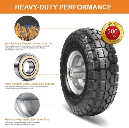 4.10/3.50-4 Tire and Dolly Wheel Flat Free - Solid Rubber Hand Truck Wheels 5/8" Axle - Gorilla Cart Tires Replacement for Garden, Wagon, Yard and Wheelbarrow (10 Inch 4 Pack)