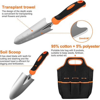 Gardening Tool Set, Stainless Steel Heavy Duty Gardening Tool Set, with Non-Slip Rubber Grip, Storage Tote Bag, Outdoor Hand Tools, Ideal Gardening Gifts for Women