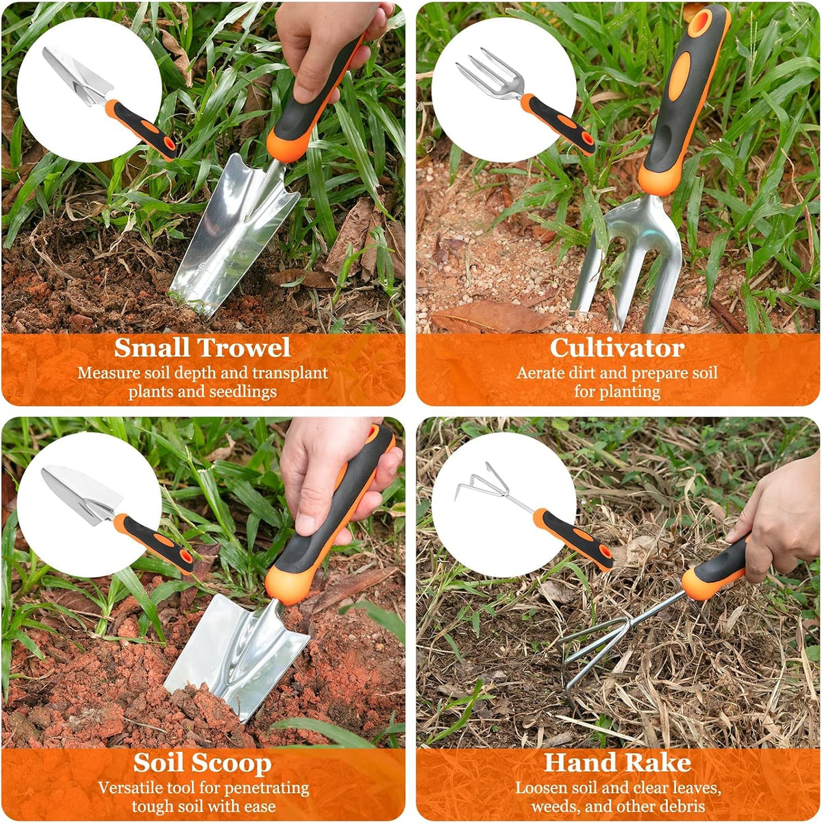 Gardening Tool Set, Stainless Steel Heavy Duty Gardening Tool Set, with Non-Slip Rubber Grip, Storage Tote Bag, Outdoor Hand Tools, Ideal Gardening Gifts for Women