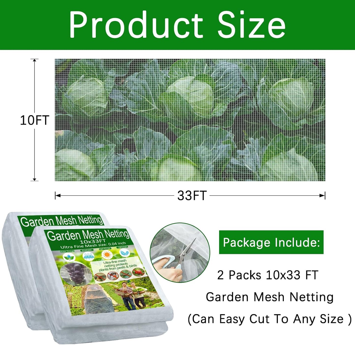 2 Pack Garden Netting - 10x33Ft,Ultra Fine Mesh Netting,Raised Bed Plant Covers Netting Barrier Net Protect Fruit Flower Vegetables Crops from Tiny Pests Insect Birds Deer Squirrels