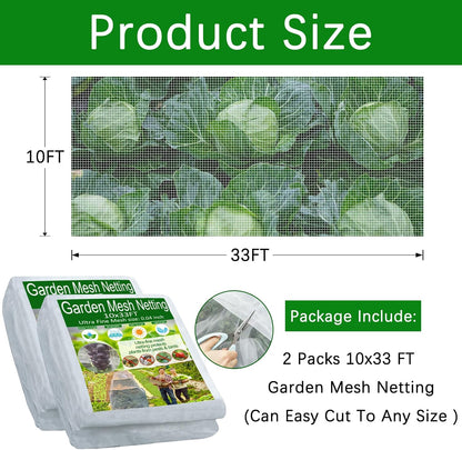 2 Pack Garden Netting - 10x33Ft,Ultra Fine Mesh Netting,Raised Bed Plant Covers Netting Barrier Net Protect Fruit Flower Vegetables Crops from Tiny Pests Insect Birds Deer Squirrels