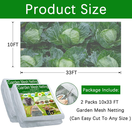 2 Pack Garden Netting - 10x33Ft,Ultra Fine Mesh Netting,Raised Bed Plant Covers Netting Barrier Net Protect Fruit Flower Vegetables Crops from Tiny Pests Insect Birds Deer Squirrels