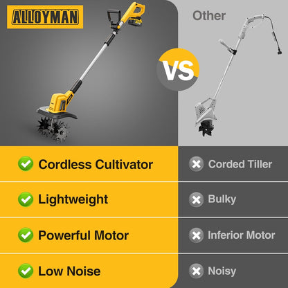 Alloyman 20V Cordless Tiller Cultivator, 360RPM Electric Garden Tiller, with 2 * 4.0Ah Batteries & Charger, 9In Tilling Width and 6.6In Depth Garden Rototiller for Lawn/Gardening/Soil Cultivation