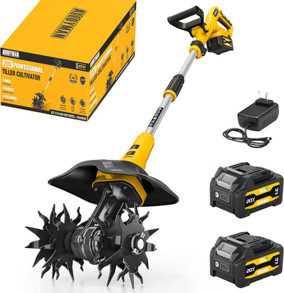 Alloyman 20V Cordless Tiller Cultivator, 360RPM Electric Garden Tiller, with 2 * 4.0Ah Batteries & Charger, 9In Tilling Width and 6.6In Depth Garden Rototiller for Lawn/Gardening/Soil Cultivation