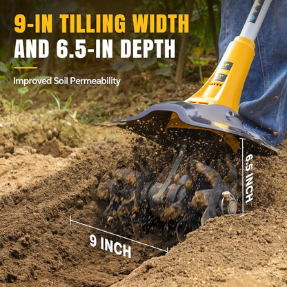 Alloyman 20V Cordless Tiller Cultivator, 360RPM Electric Garden Tiller, with 2 * 4.0Ah Batteries & Charger, 9In Tilling Width and 6.6In Depth Garden Rototiller for Lawn/Gardening/Soil Cultivation