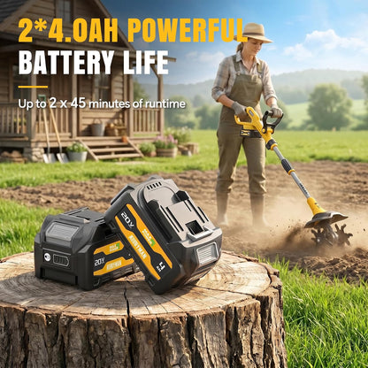 Alloyman 20V Cordless Tiller Cultivator, 360RPM Electric Garden Tiller, with 2 * 4.0Ah Batteries & Charger, 9In Tilling Width and 6.6In Depth Garden Rototiller for Lawn/Gardening/Soil Cultivation