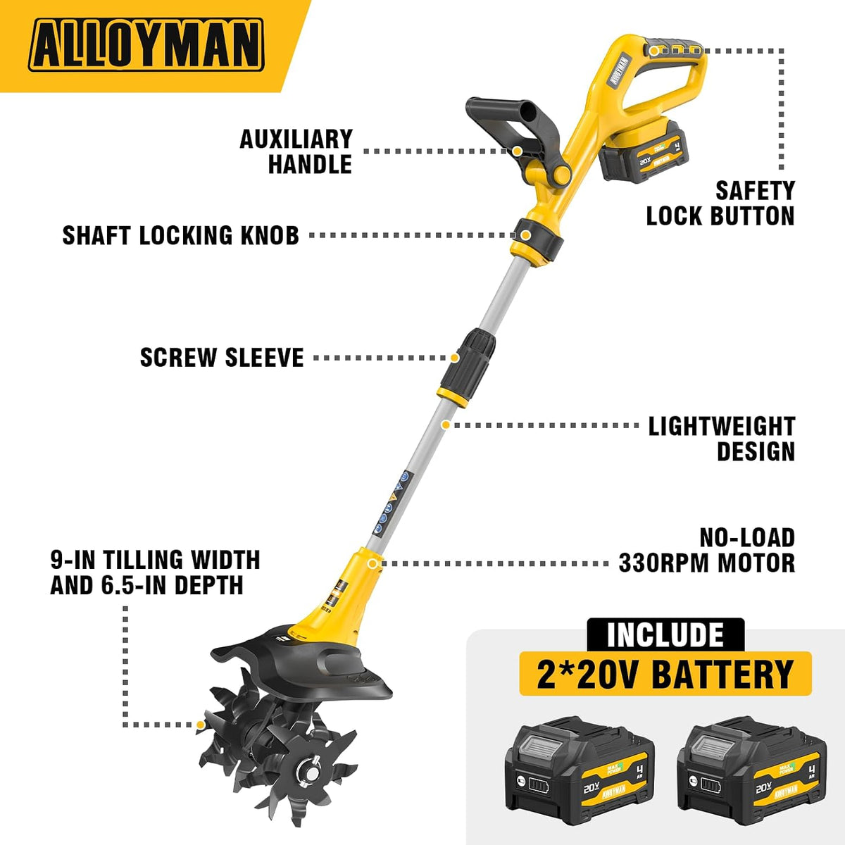 Alloyman 20V Cordless Tiller Cultivator, 360RPM Electric Garden Tiller, with 2 * 4.0Ah Batteries & Charger, 9In Tilling Width and 6.6In Depth Garden Rototiller for Lawn/Gardening/Soil Cultivation